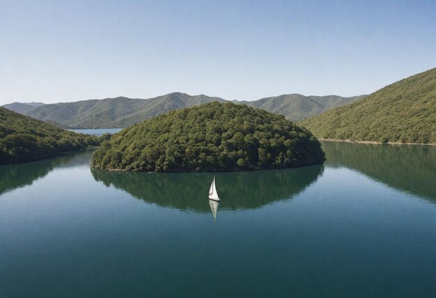 Foto un velero está flotando en un lago rodeado de árboles