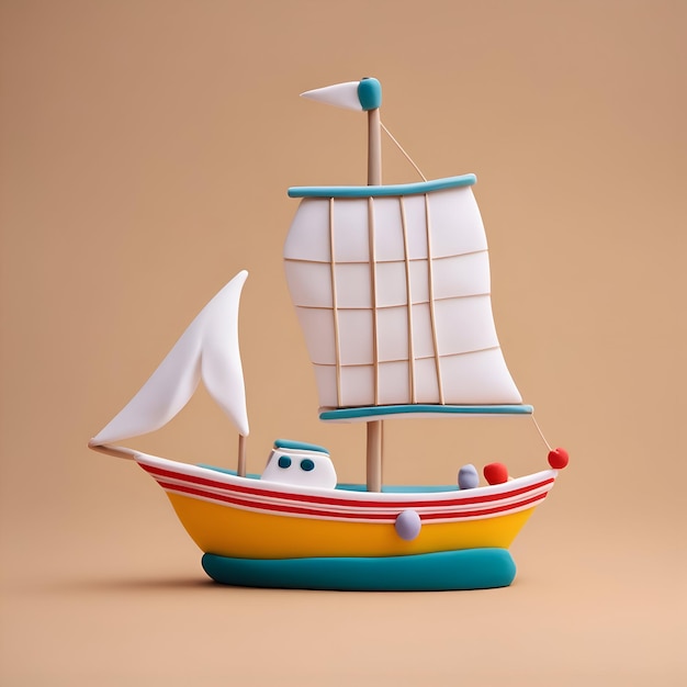 Velero de juguete de madera sobre fondo beige ilustración 3d