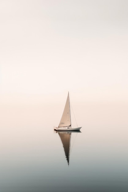 Un velero en un lago tranquilo con un cielo rosa de fondo