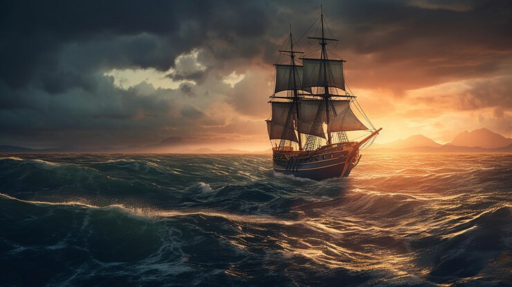 Velero en el mar al atardecer 3d render ilustración generativa ai