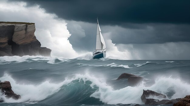 Un velero en el mar cerca de una costa rocosa durante una tormenta