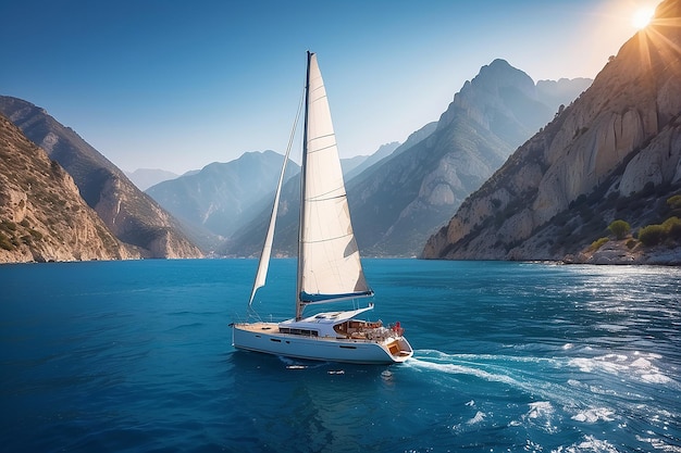 Velero en el mar en la luz del sol de la noche sobre hermosas grandes montañas de fondo