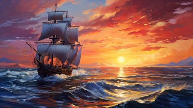 velero en el mar con el telón de fondo de una hermosa puesta de sol