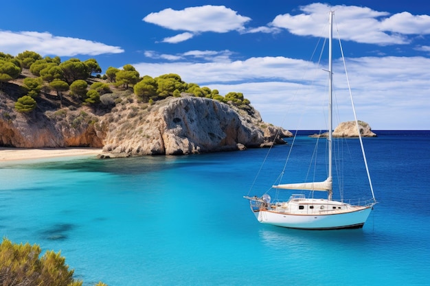 Velero en el mar turquesa Cerdeña Italia Hermosa playa con velero yate Cala Macarelleta Isla de Menorca España AI generada