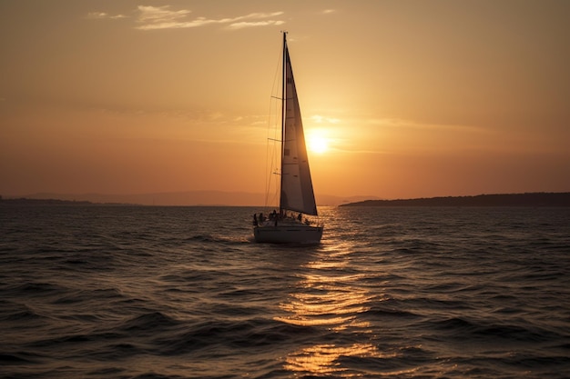 Un velero navega al atardecer.