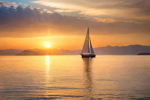 Un velero navega en un lago al atardecer.