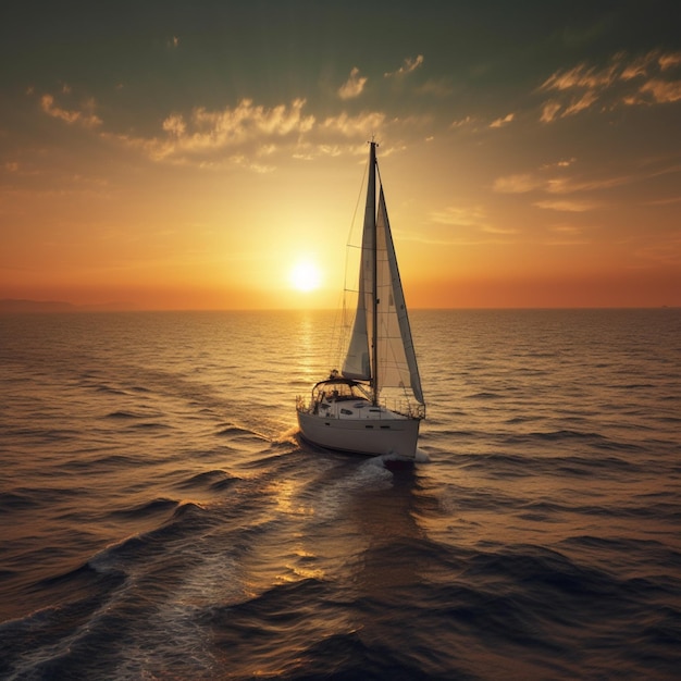 Un velero navega en el océano al atardecer.