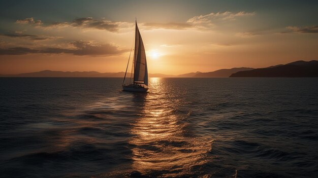 Un velero navega en el océano al atardecer.