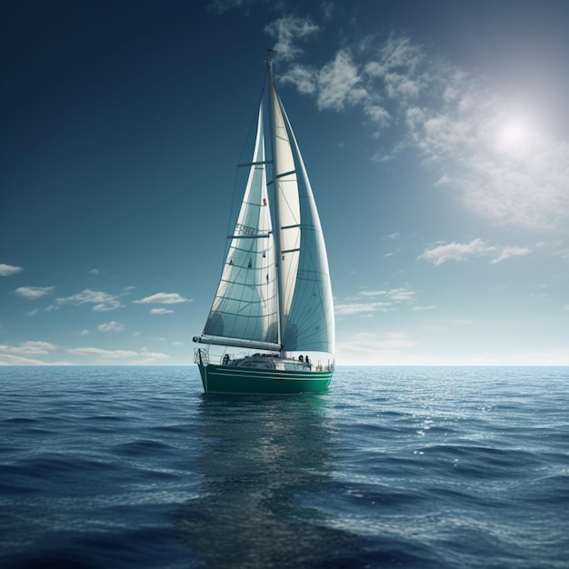 Un velero navega en el océano con el sol brillando sobre el agua.