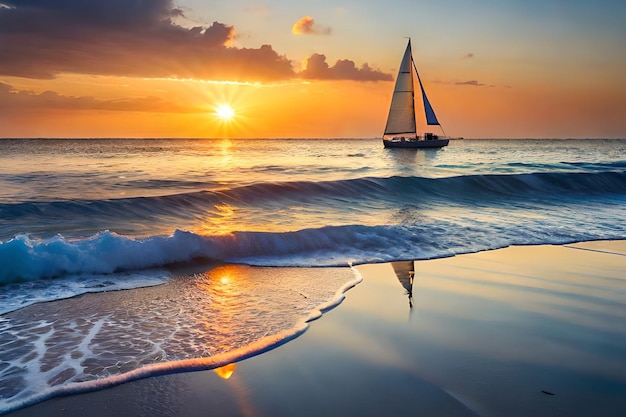 Un velero navega en la playa al atardecer.