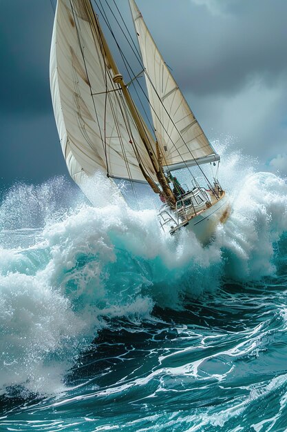 Foto un velero está navegando en el agua con un cielo nublado en el fondo