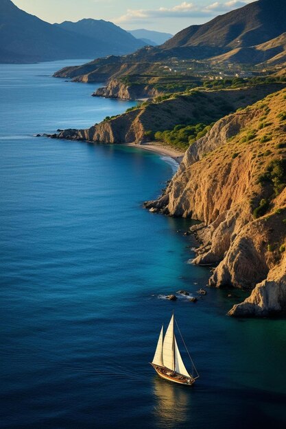 Foto un velero está navegando en un océano azul con una montaña en el fondo