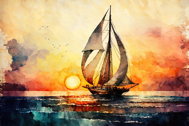 Velero en el océano al atardecer hermoso estilo acuarela