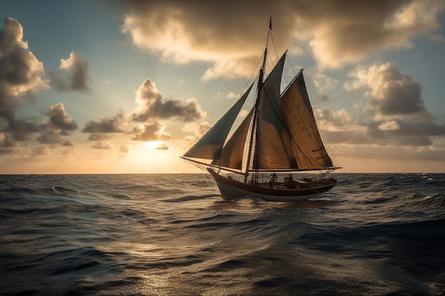 Un velero en el océano con la puesta de sol detrás de él