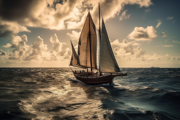 Un velero en el océano con las velas bajadas.