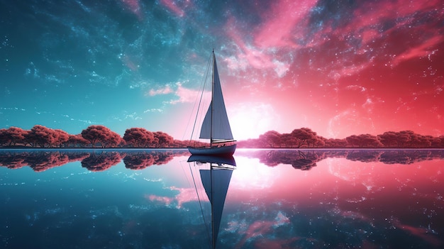 Un velero se refleja en el agua con un cielo rosa y azul de fondo.