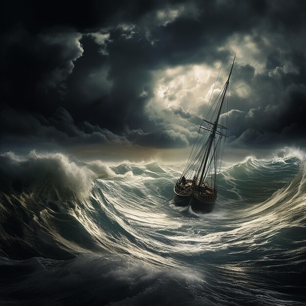 Un velero solitario luchando contra las tormentosas y aterradoras olas