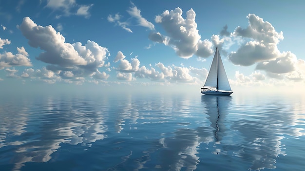 Un velero solitario navega en un mar tranquilo bajo un cielo azul y nubes blancas el agua es clara y refleja el cielo y las nubes