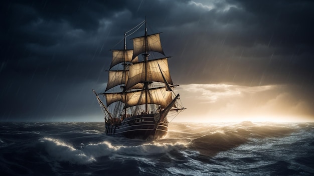 El velero en tiempo de tormenta de relámpagos
