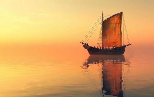 Un velero tradicional se desliza a través de las aguas serenas durante una puesta de sol impresionante que crea una escena pacífica y pintoresca