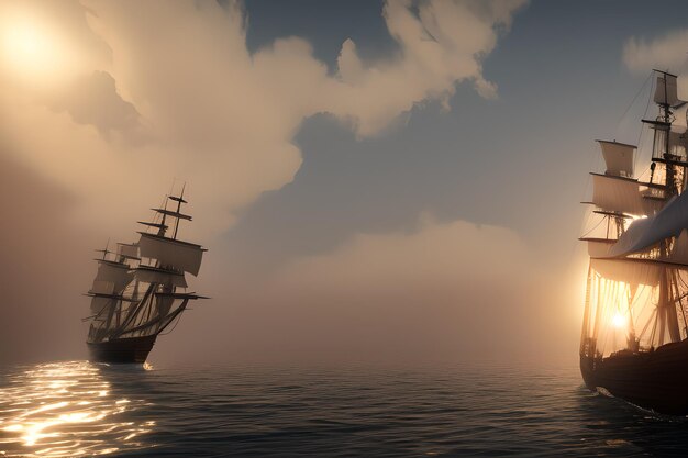 velero ultra realista hermosa luz amanecer pálido iluminación cinematográfica vikingo y piratas