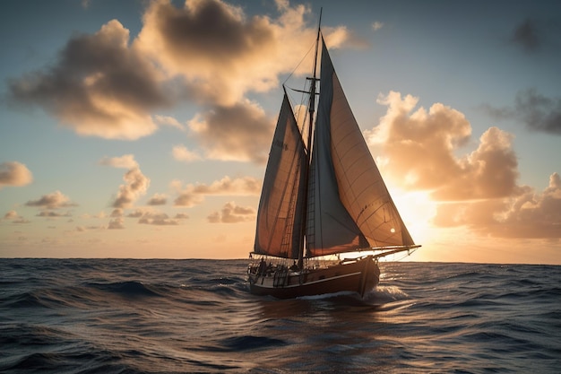 Un velero con velas navega en el océano con la puesta de sol detrás de él.