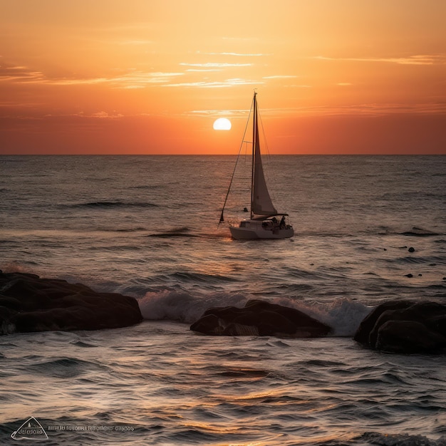 Veleros al amanecer en yate con hermosos paisajes marinos serenos ai generativo