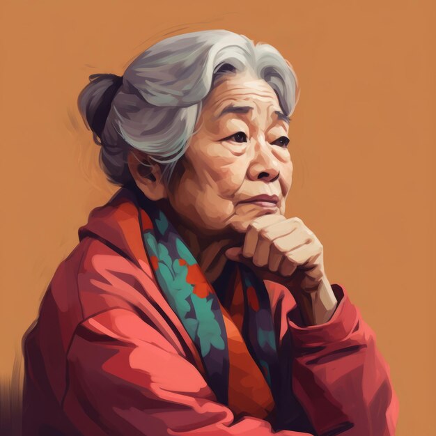 Velha asiática pensando e duvidando ilustração pintada a óleo Personagem feminina com rosto sonhador em fundo abstrato Ai gerou cartaz brilhante de tela acrílica