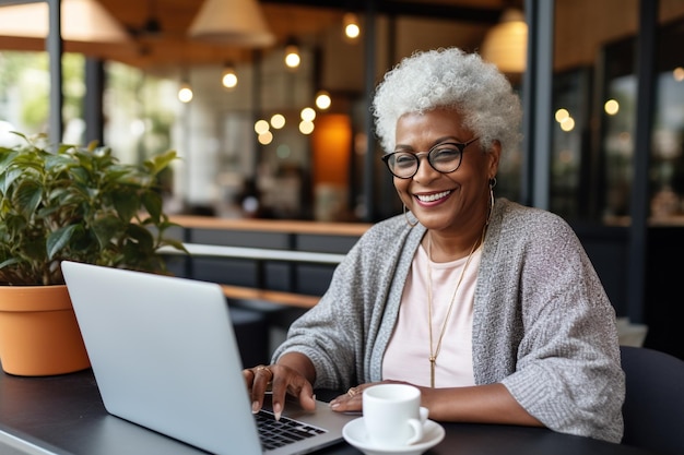 Velha avó afro-americana de óculos usando laptop no café