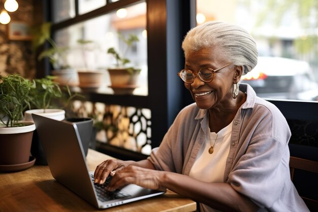 Velha avó afro-americana de óculos usando laptop no café