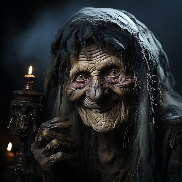 Velha bruxa assustadora com cores vibrantes de terror de sorriso perverso  para filme de terror