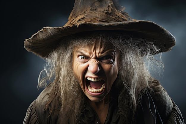 Foto velha bruxa assustadora idosa com chapéu e fantasia preta em fundo escuro ilustração generativa de ia