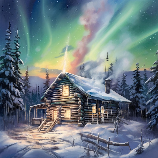 Velha cabana de madeira na noite da floresta coberta de neve