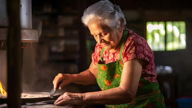 velha cozinhando tortilla em sua cozinha rural