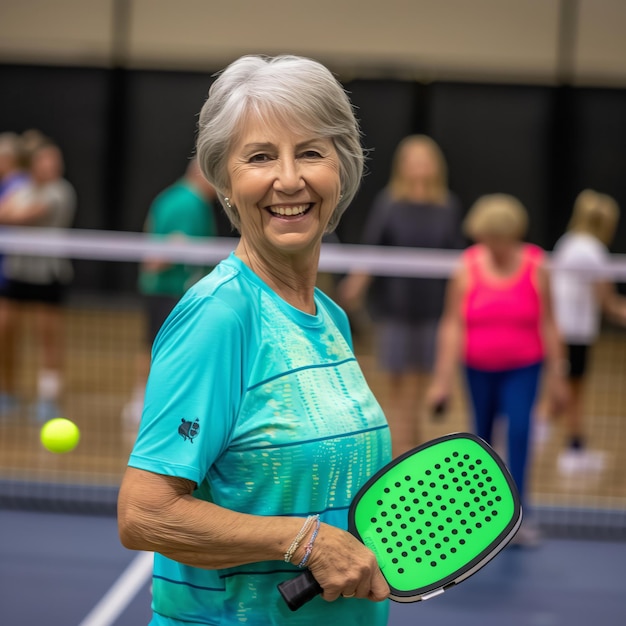 Velha de cabelos grisalhos sorridente a jogar ténis.