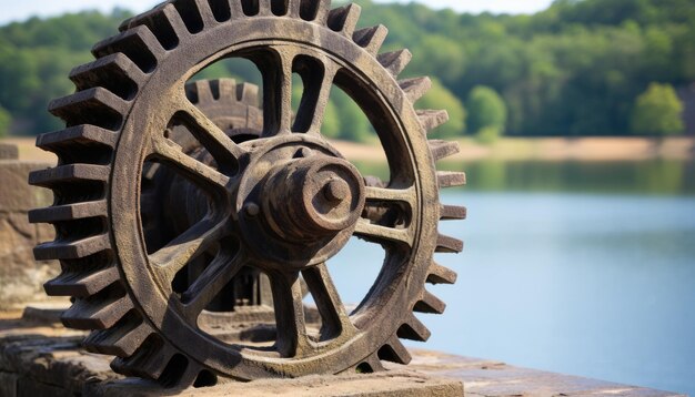 Velha engrenagem de ferro fundido do início do século XIX na barragem