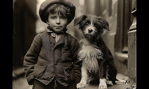 Velha fotografia de rua em preto e branco da era vitoriana de um menino com seu cachorro de estimação