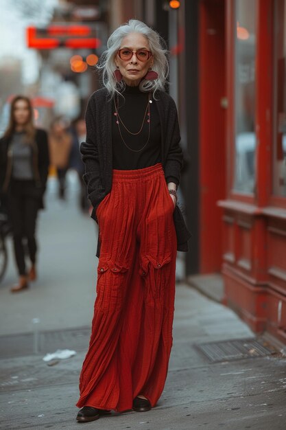 Velha, idosa, linda, mulher de cabelos grisalhos, vestida de moda, moda de rua.