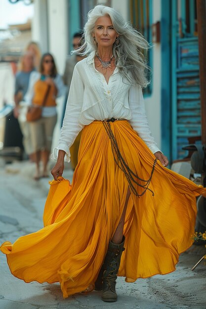 Foto velha, idosa, linda, mulher de cabelos grisalhos, vestida de moda, moda de rua.