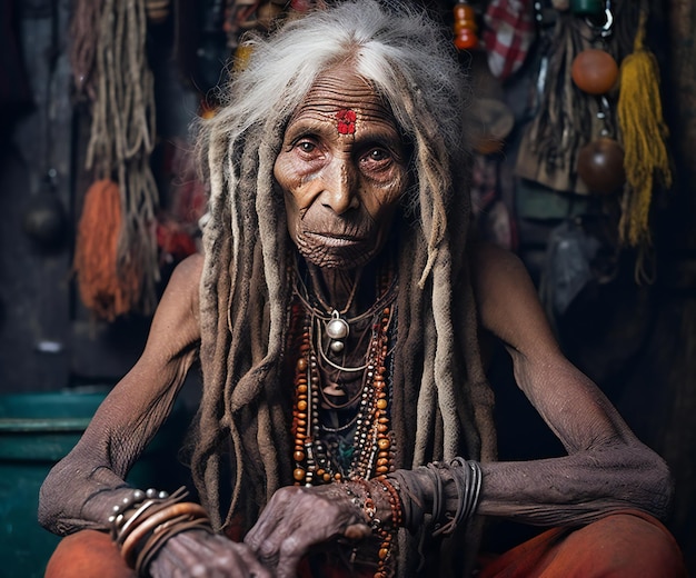 Velha indiana com dreadlocks sentado no chão de madeira