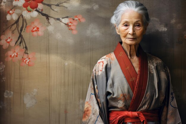 Velha mulher japonesa kimono viagem Gerar Ai
