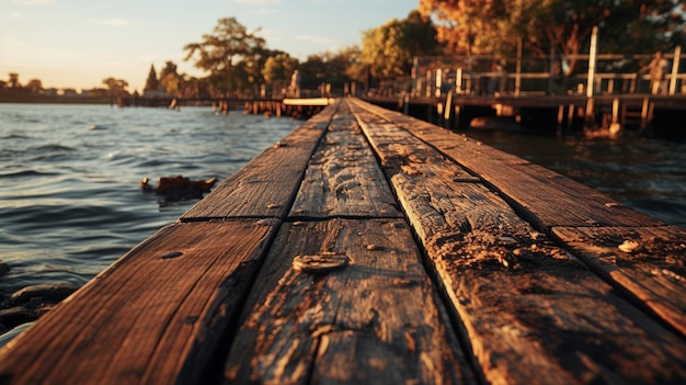 Velha ponte de madeira vintage no lago na primavera rio tropical tranquilo IA generativa