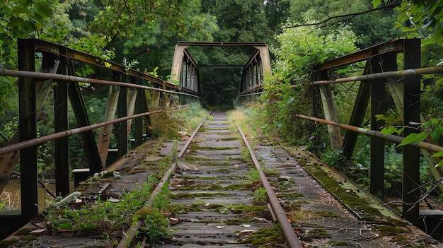 Velha ponte ferroviária enferrujada no meio de uma floresta verde A ponte é feita de metal e tem uma passarela de madeira
