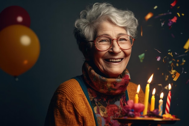 velha segurando um grande bolo de aniversário com velas com confete sorrindo olhando