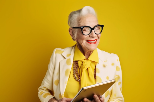 Velha senhora de óculos e sorrindo trabalhando com um tablet em um fundo amarelo