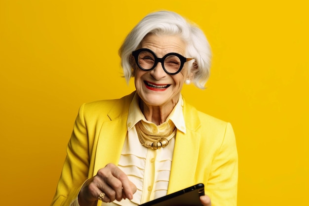 Velha senhora de óculos e sorrindo trabalhando com um tablet em um fundo preto