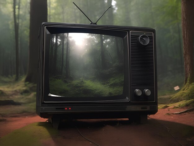 Velha televisão na floresta .