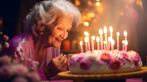 Velhinha feliz comemorando seu aniversário com um bolo e velas