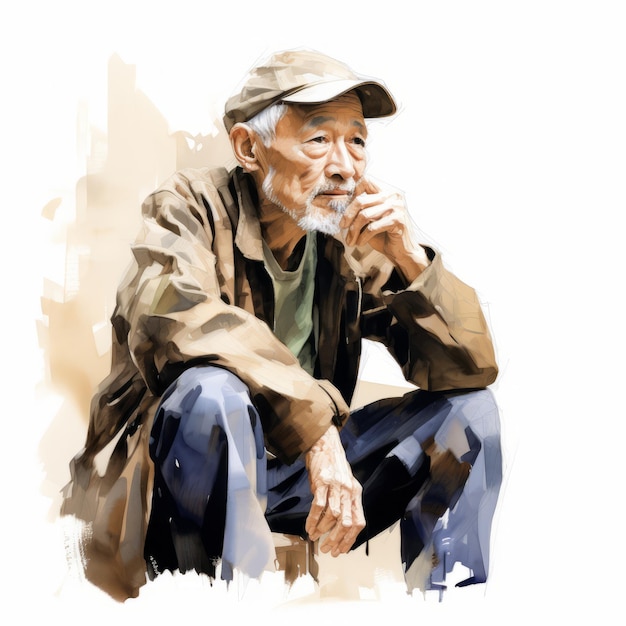 Velho asiático pensando e duvidando da ilustração de aquarela Personagem masculino com rosto sonhador em fundo abstrato Ai gerou pôster de aquarela