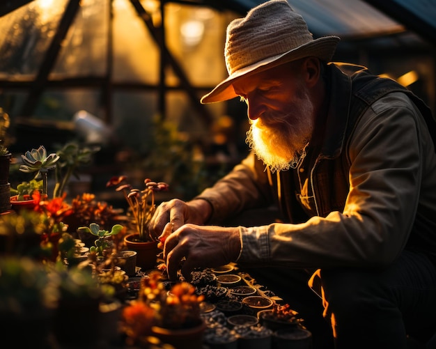 Velho barbudo usando chapéu de palha cuidando das plantas que crescem nos vasos Jardineiro lida cuidadosamente com mudas IA generativa